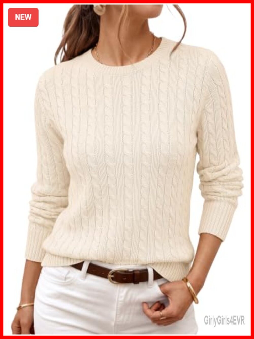 Women's Cable Knit Pullover Sweater Long Sleeve Crewneck Lightweight